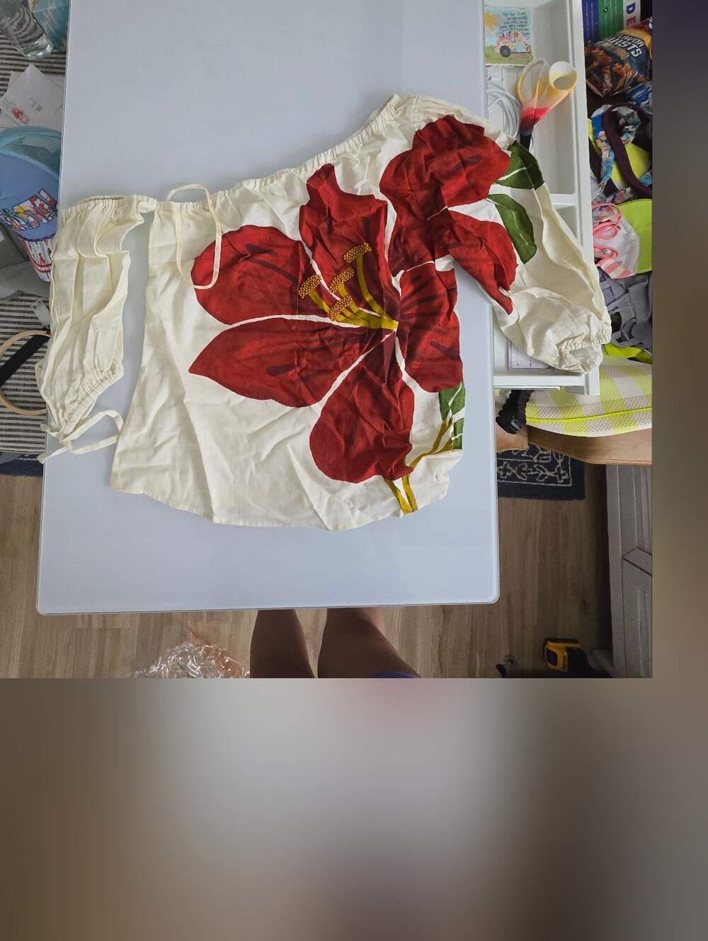 Farm Rio X Anthropologie Cream and Red Floral Off-Shoulder Top